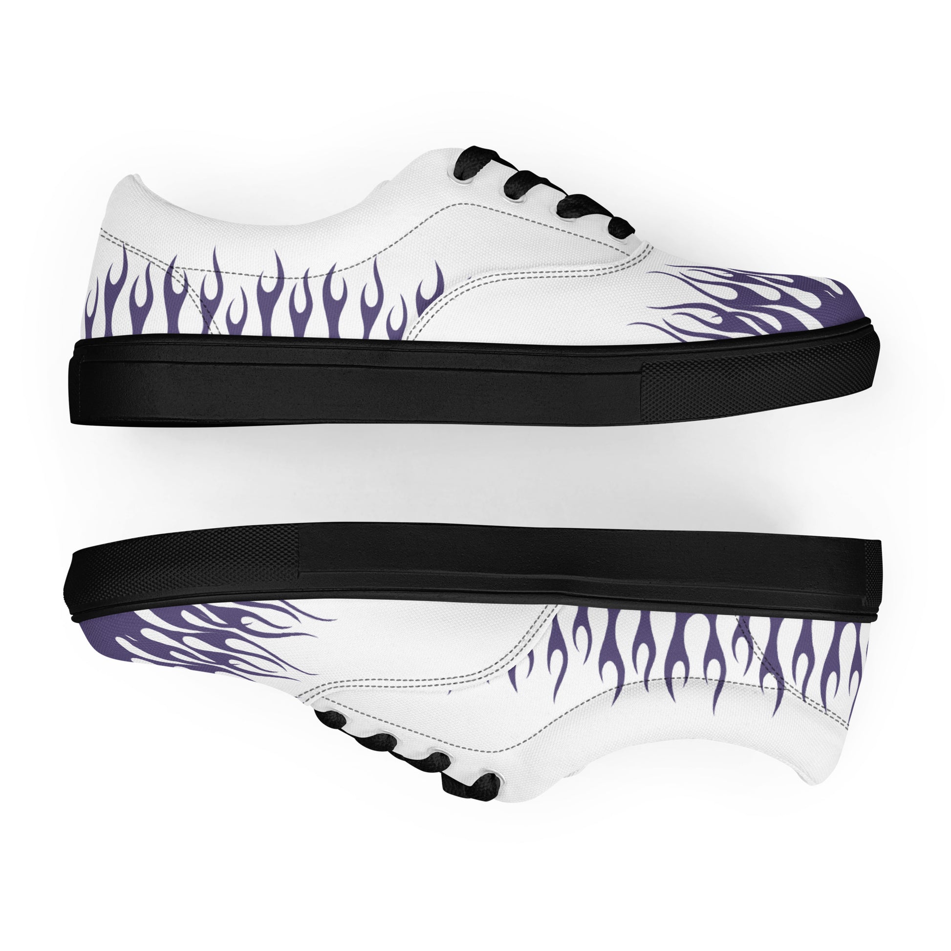 White canvas sneaker with violet flame design, black midsole and textured outsole