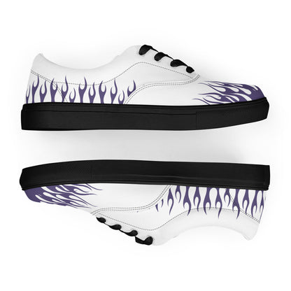 White canvas sneaker with violet flame design, black midsole and textured outsole