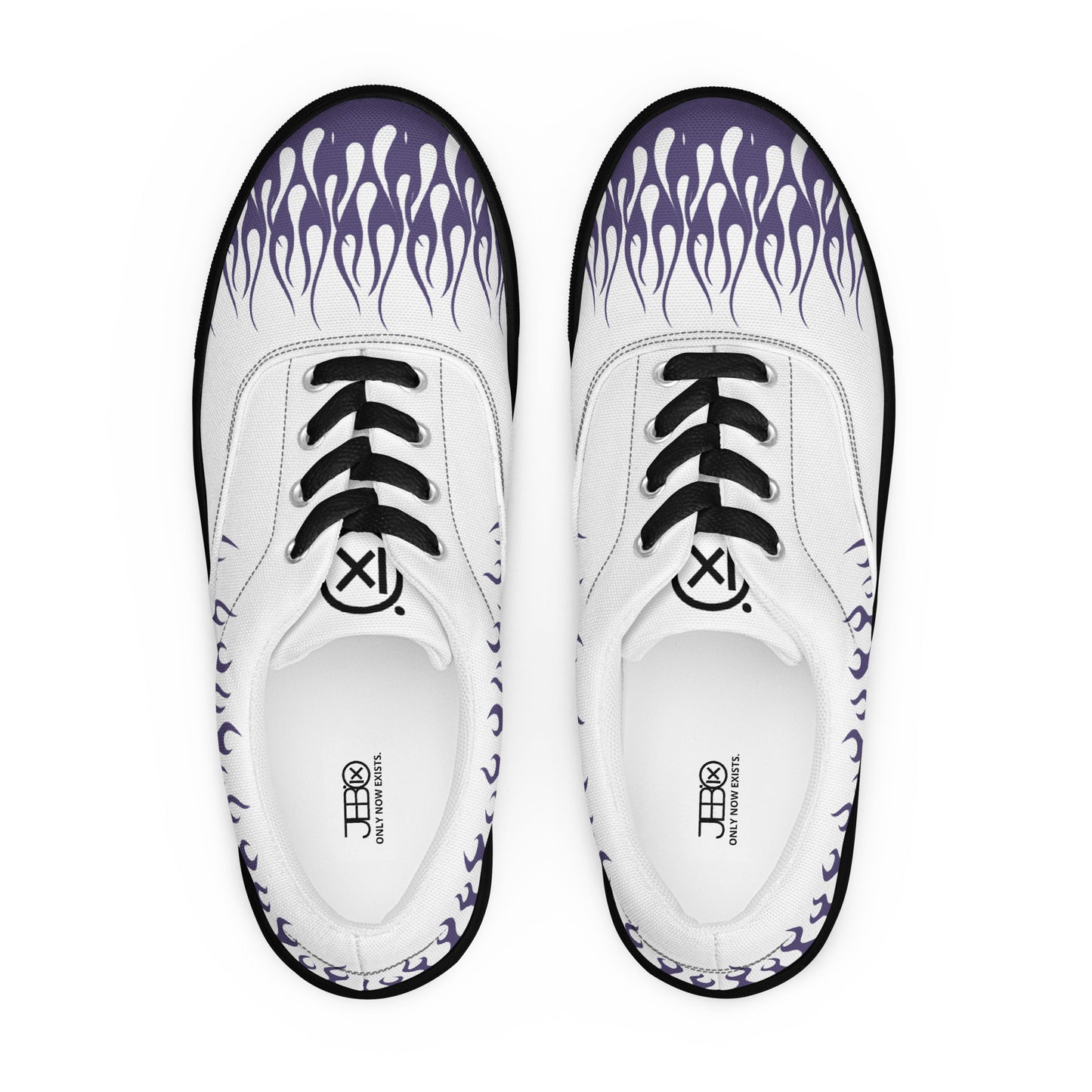 Pair of white canvas sneakers with violet flame pattern, black lace and toe caps