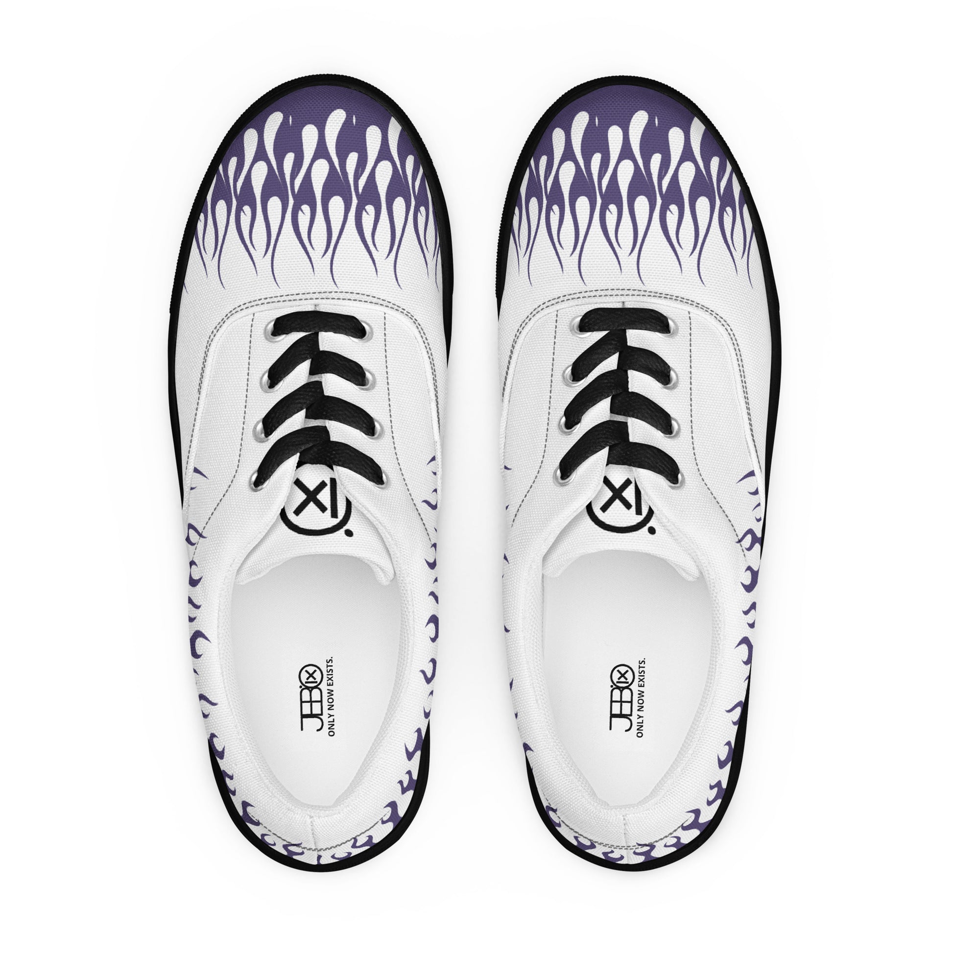 Pair of white canvas sneakers with violet flame pattern, black lace and toe caps