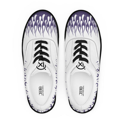 Pair of white canvas sneakers with violet flame pattern, black lace and toe caps
