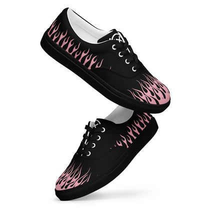 Black canvas sneaker with pink flame print, white lining, lace-up front and rubber sole