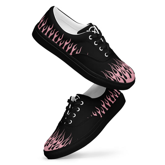 Black canvas sneaker with pink flame print, white lining, lace-up front and rubber sole
