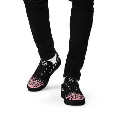 Black canvas sneakers with pink flame graphic, lace-up front, black laces, rubber sole