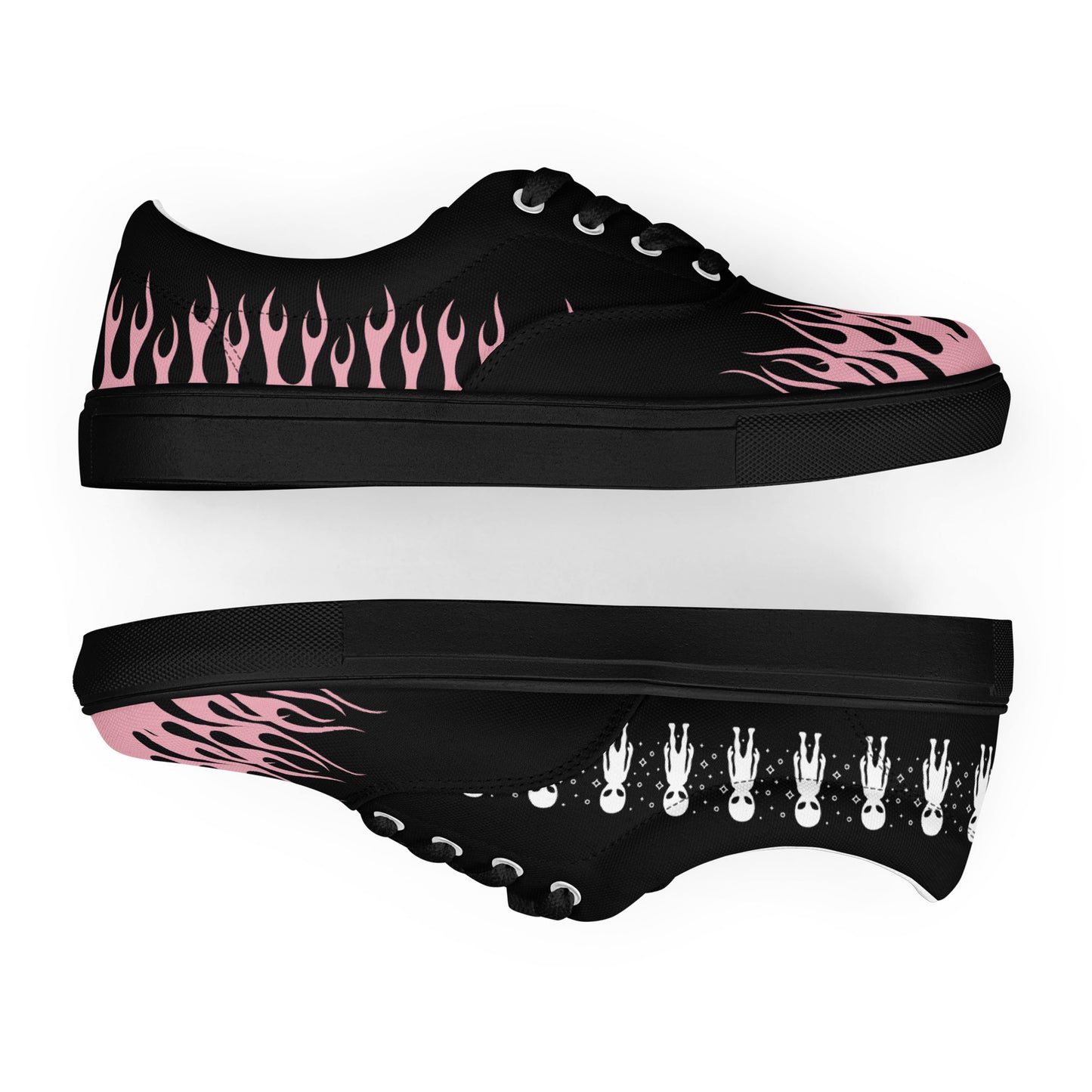 Black low-top sneaker with pink flame side graphic, character-print outsole, lace-up