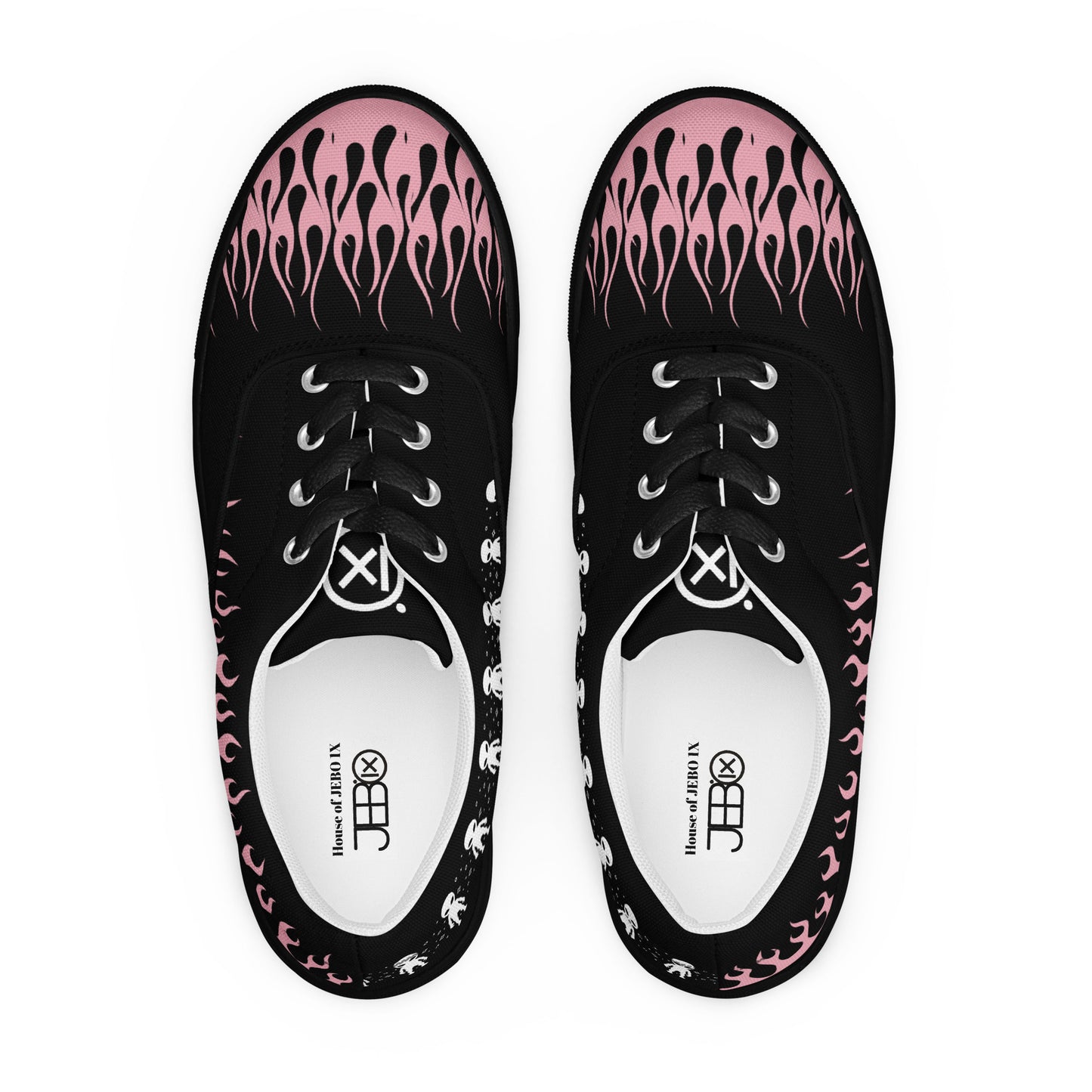 Black sneakers front view with pink flame upper, white laces, lace-up eyelets