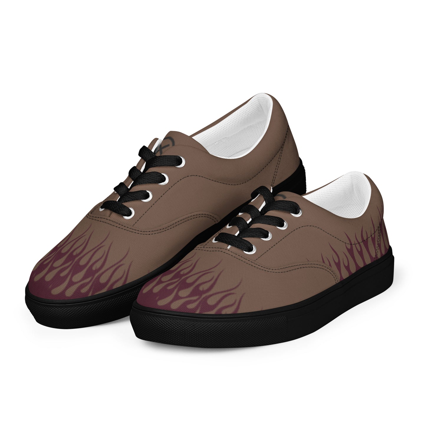 Men’s canvas sneakers in brown with burgundy flame graphic, black laces and black sole