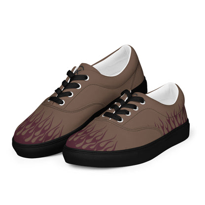 Men’s canvas sneakers in brown with burgundy flame graphic, black laces and black sole