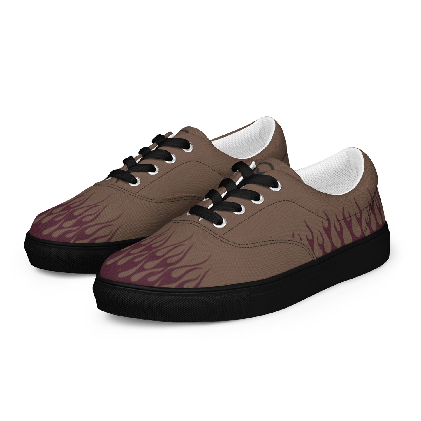 Canvas sneakers side view with brown upper, burgundy flame print, black laces, black rubber sole