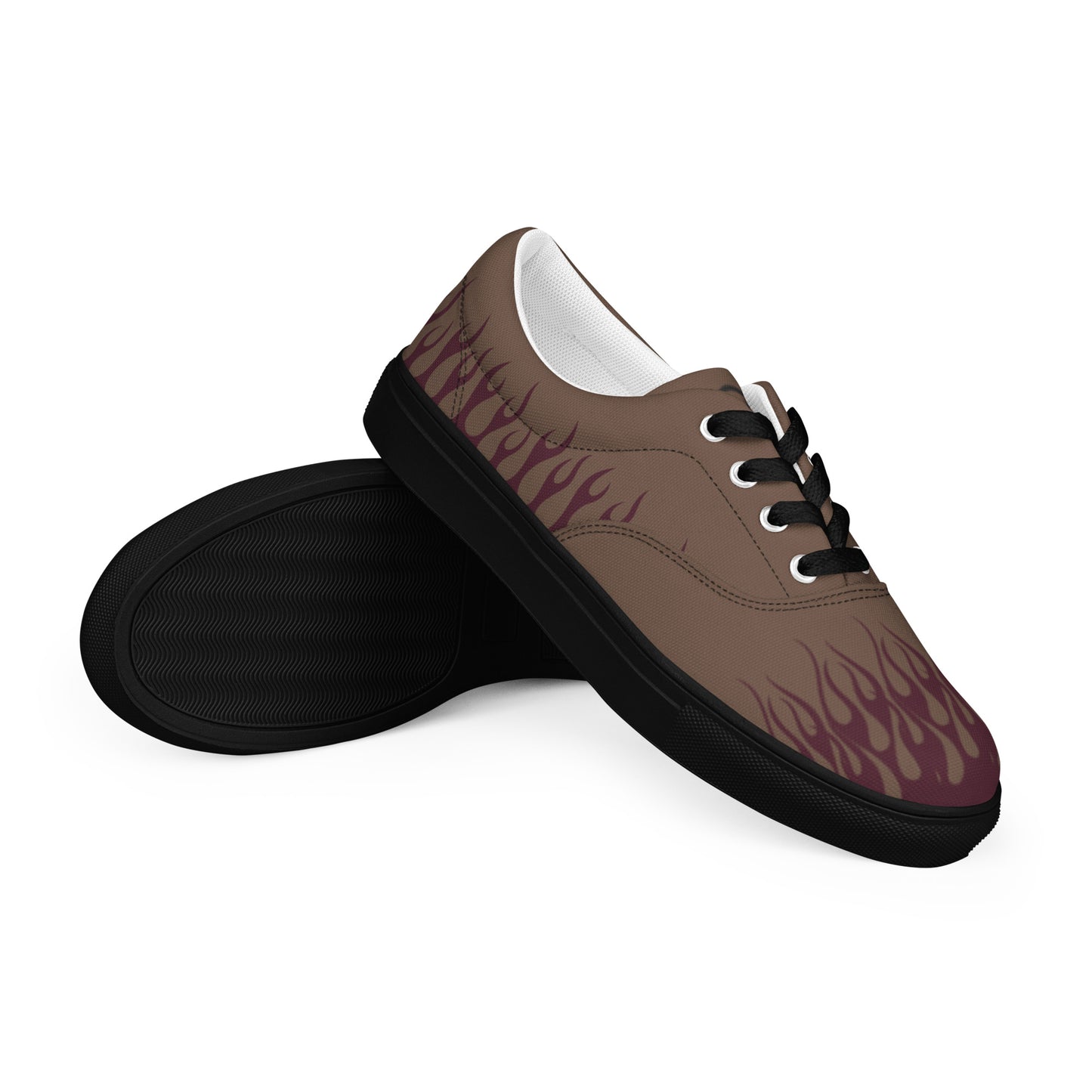 Low-top canvas sneaker, dark brown with burgundy flame print, black sole, white lining
