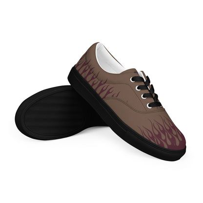 Low-top canvas sneaker, dark brown with burgundy flame print, black sole, white lining
