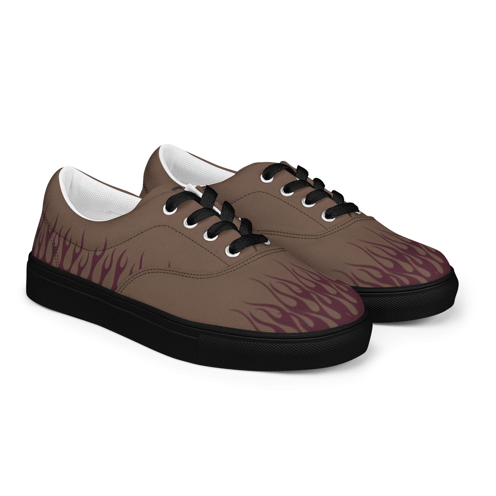 Men’s canvas sneakers in brown with burgundy flame graphic, black laces and black sole