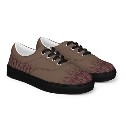 Men’s canvas sneakers in brown with burgundy flame graphic, black laces and black sole