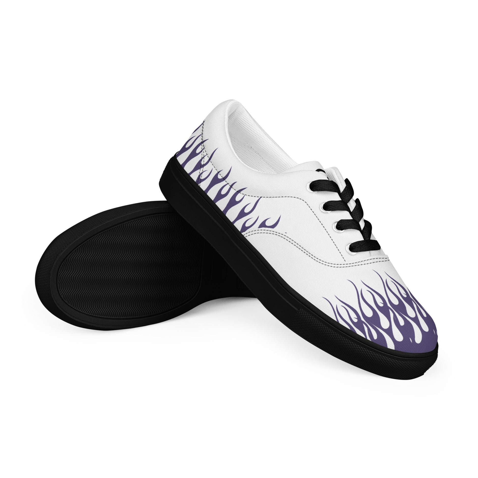 White canvas sneaker with violet flame side print, black lace and black rubber sole
