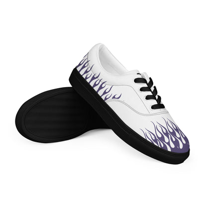 White canvas sneaker with violet flame side print, black lace and black rubber sole