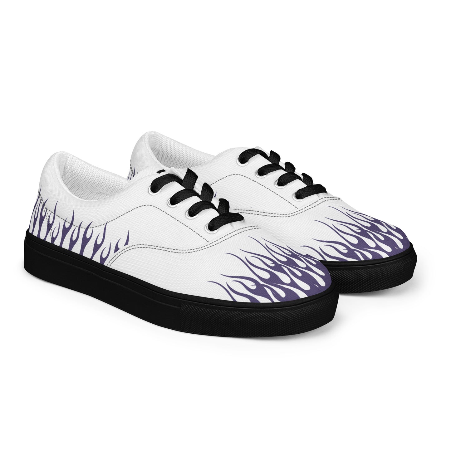 White canvas sneaker with violet flame pattern and black outsole, lace-up with black laces.