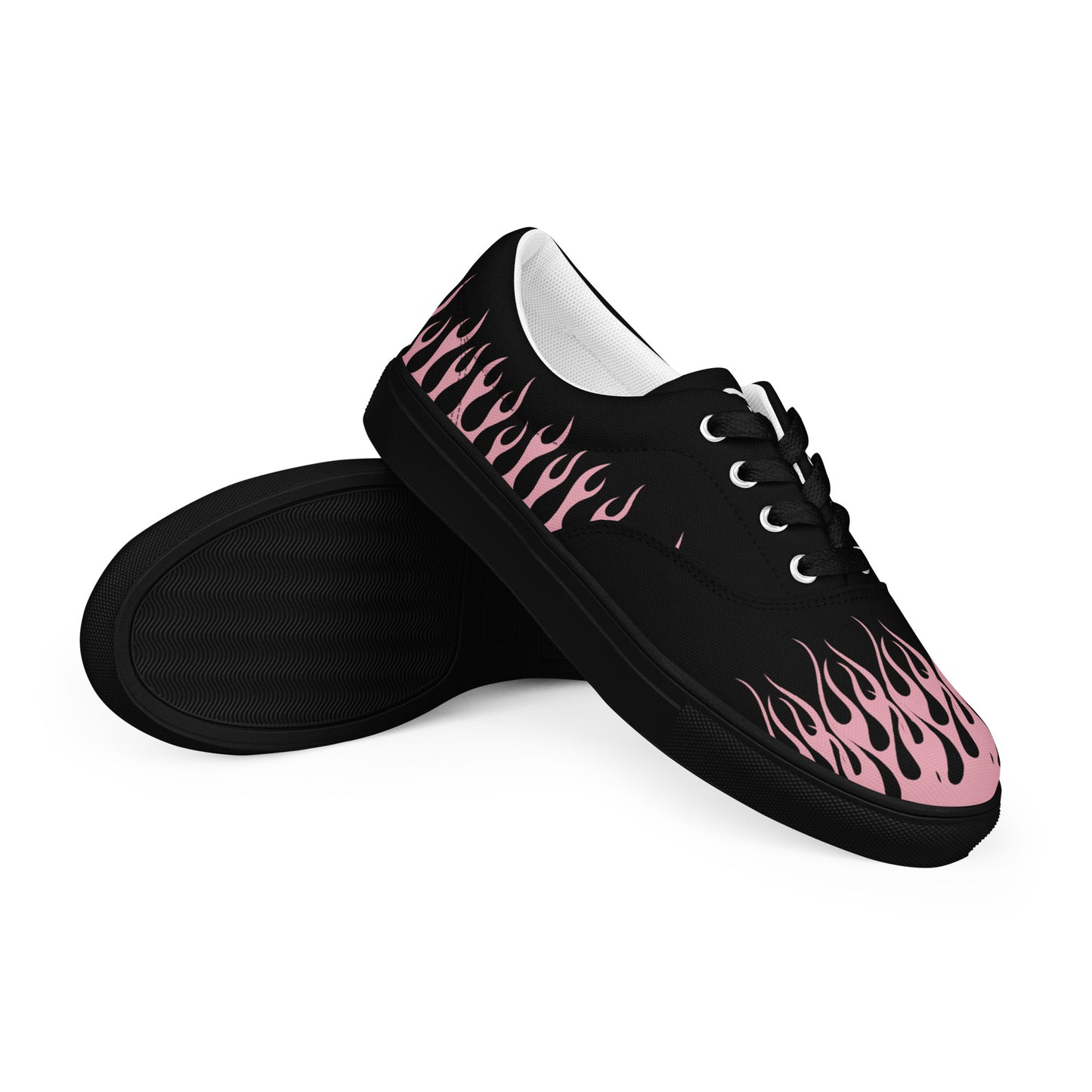 Black canvas sneakers with pink flame side stripe, lace-up front, white inner lining