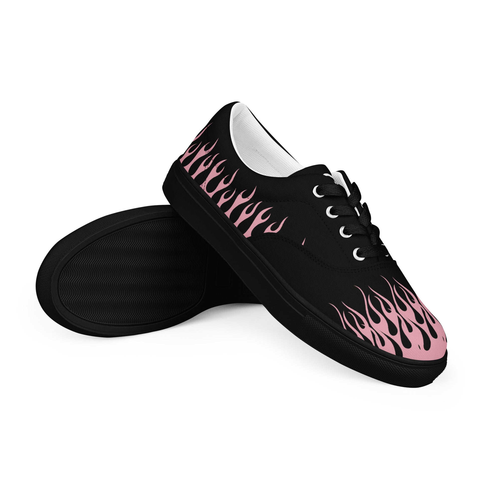 Black canvas sneakers with pink flame side stripe, lace-up front, white inner lining