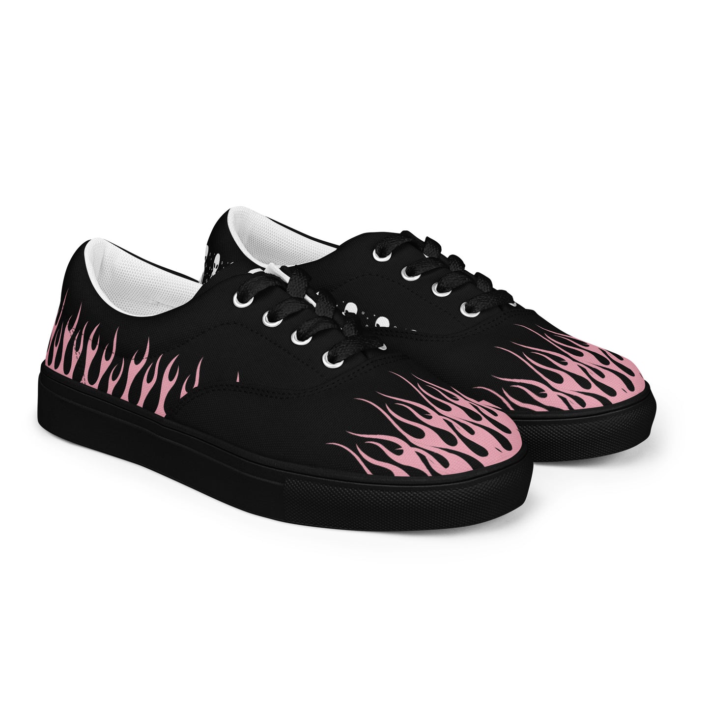 Black canvas sneaker with pink flame print, lace-up front, white sole