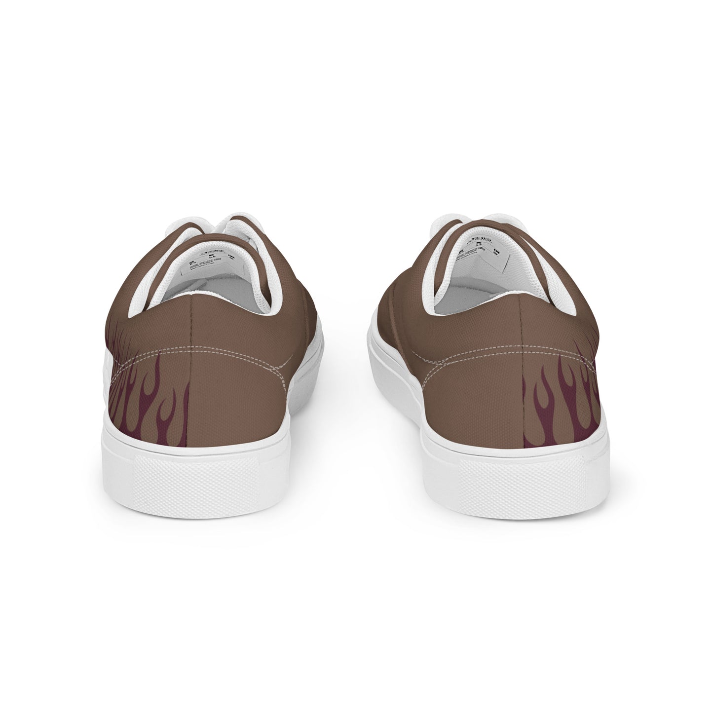 Canvas sneakers heel view with brown upper, burgundy flame print, white laces, white rubber heel