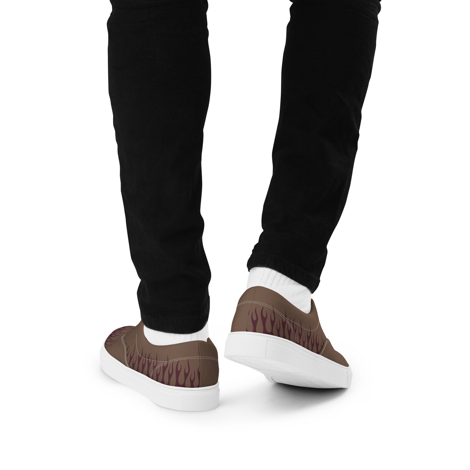 Low-top canvas sneaker, dark brown with burgundy flame print, white rubber sole
