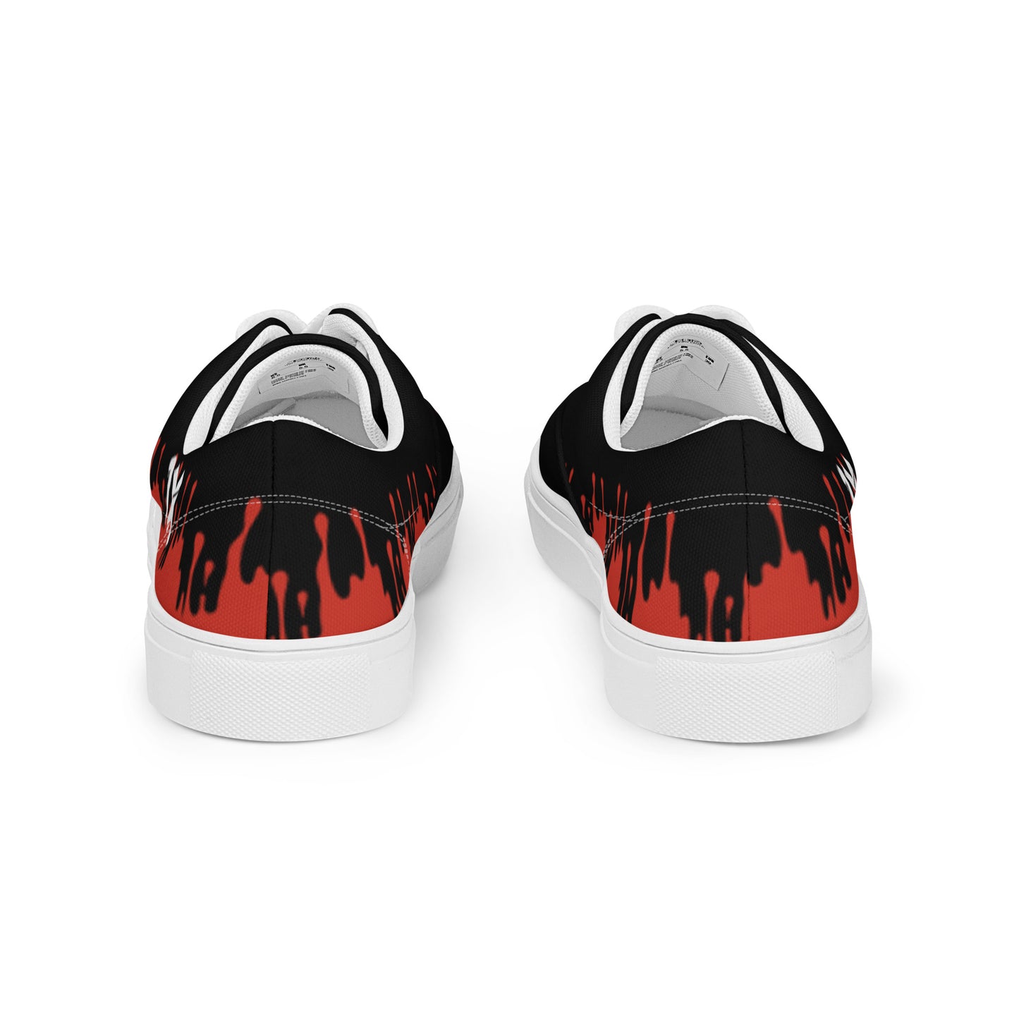Canvas sneakers rear view, black with red flame pattern, white sole and heel