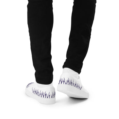 White canvas sneakers with violet flame print near heel, black outsole, lace-up.