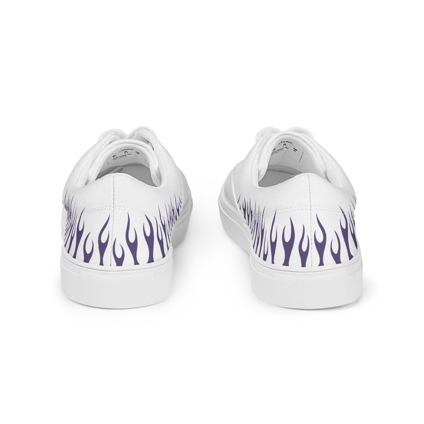 White canvas sneakers with purple flame heel print and white rubber sole.