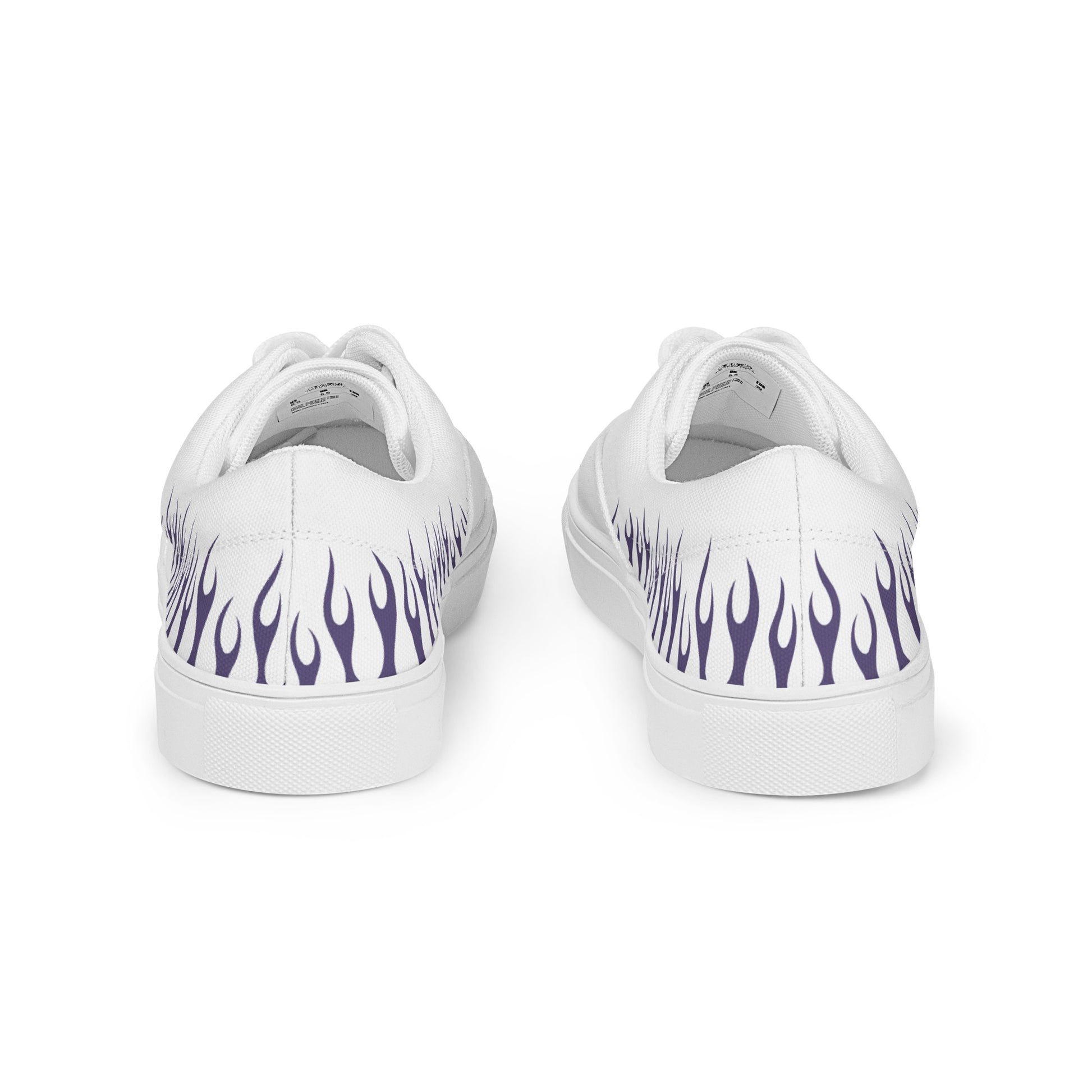 White canvas sneakers with purple flame heel print and white rubber sole.