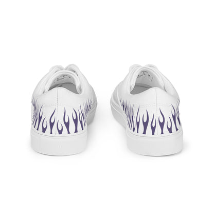 White canvas sneakers with purple flame heel print and white rubber sole.