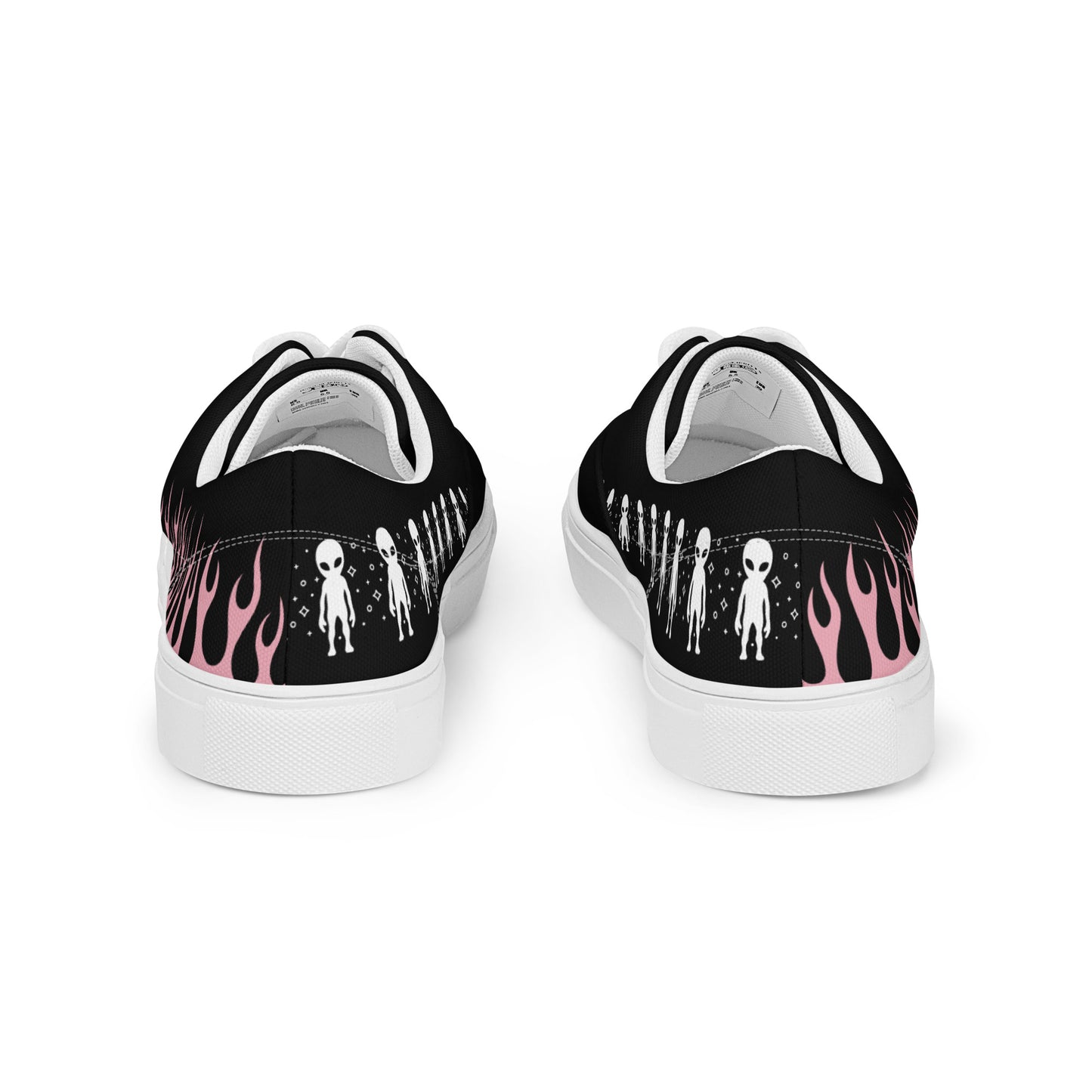 Black canvas sneaker back view with pink flame print and white outsole