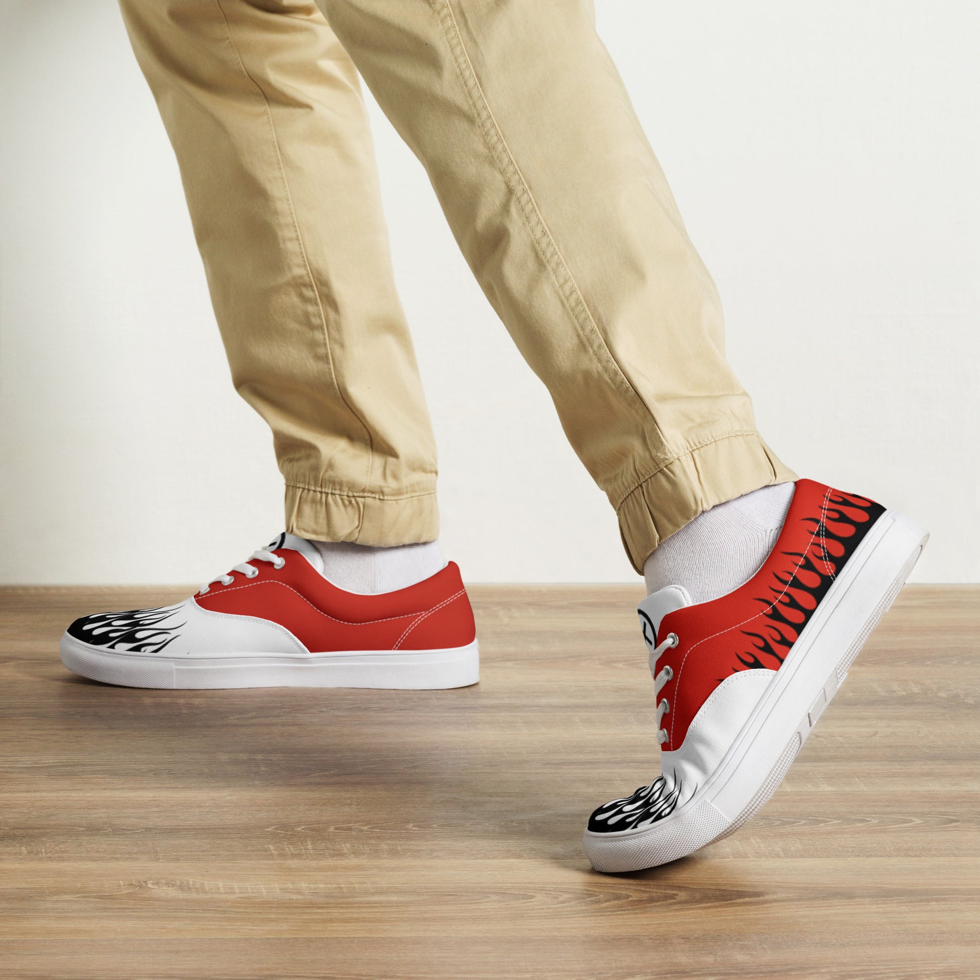 Canvas sneaker red and white with black flame graphics and white rubber sole