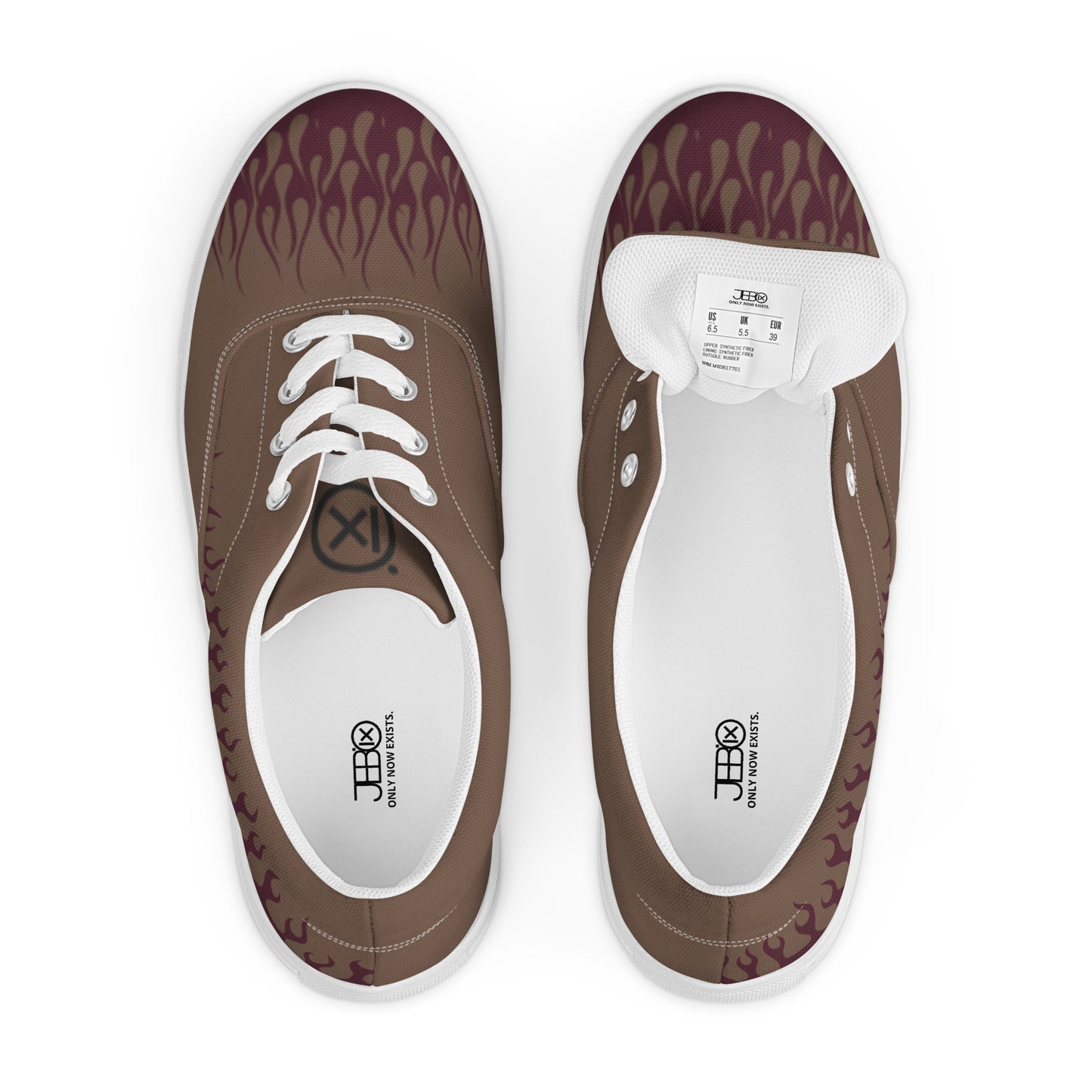 Canvas sneakers top view with brown upper, burgundy flame print, white laces, white sole