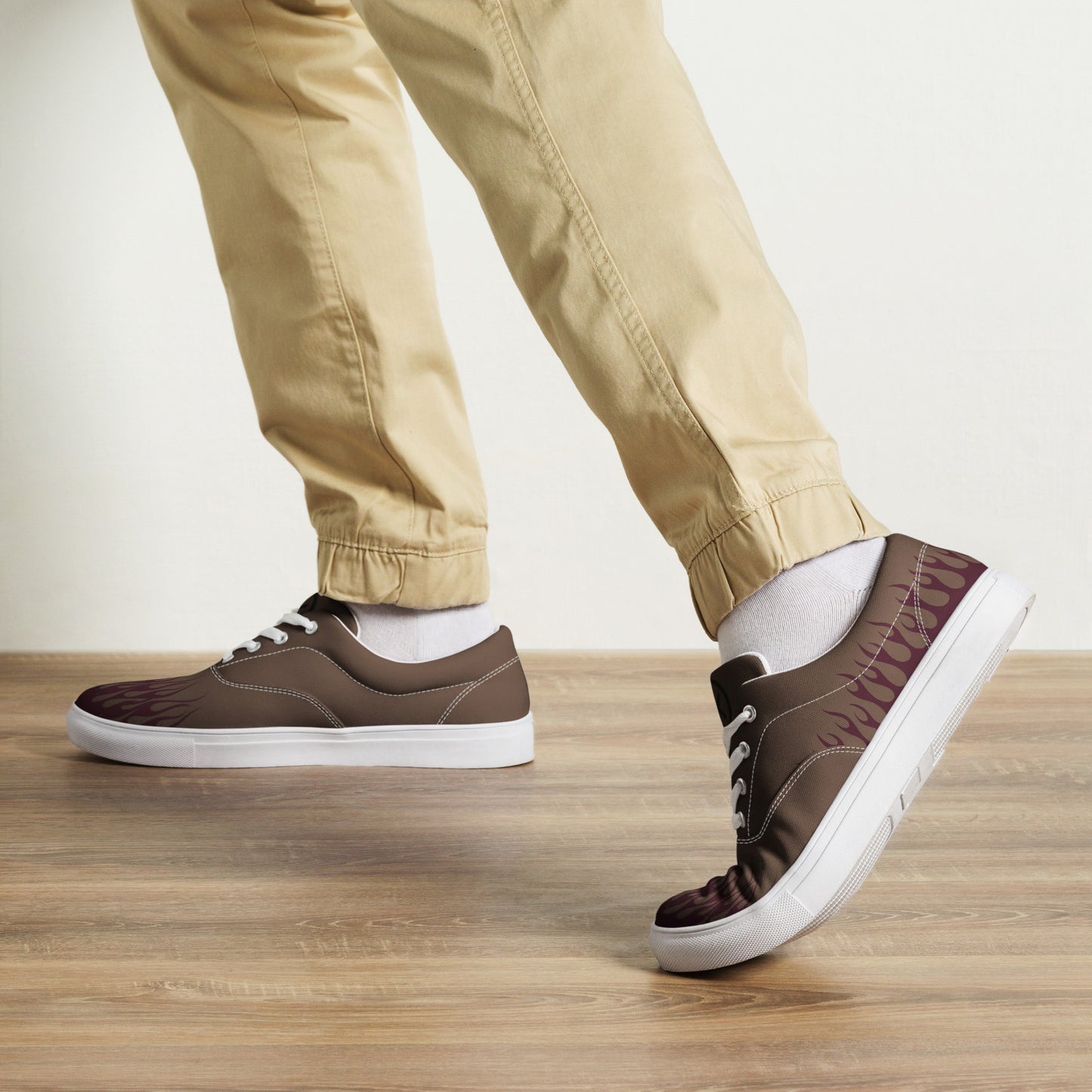 Canvas sneakers with brown upper, burgundy flame print, white laces, white outsole