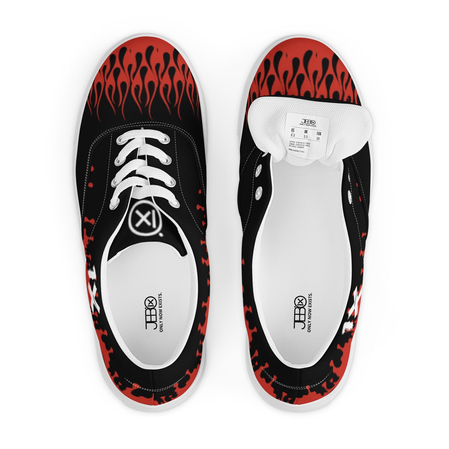 Canvas sneakers top view showing insoles, black uppers with red flame print, white lining