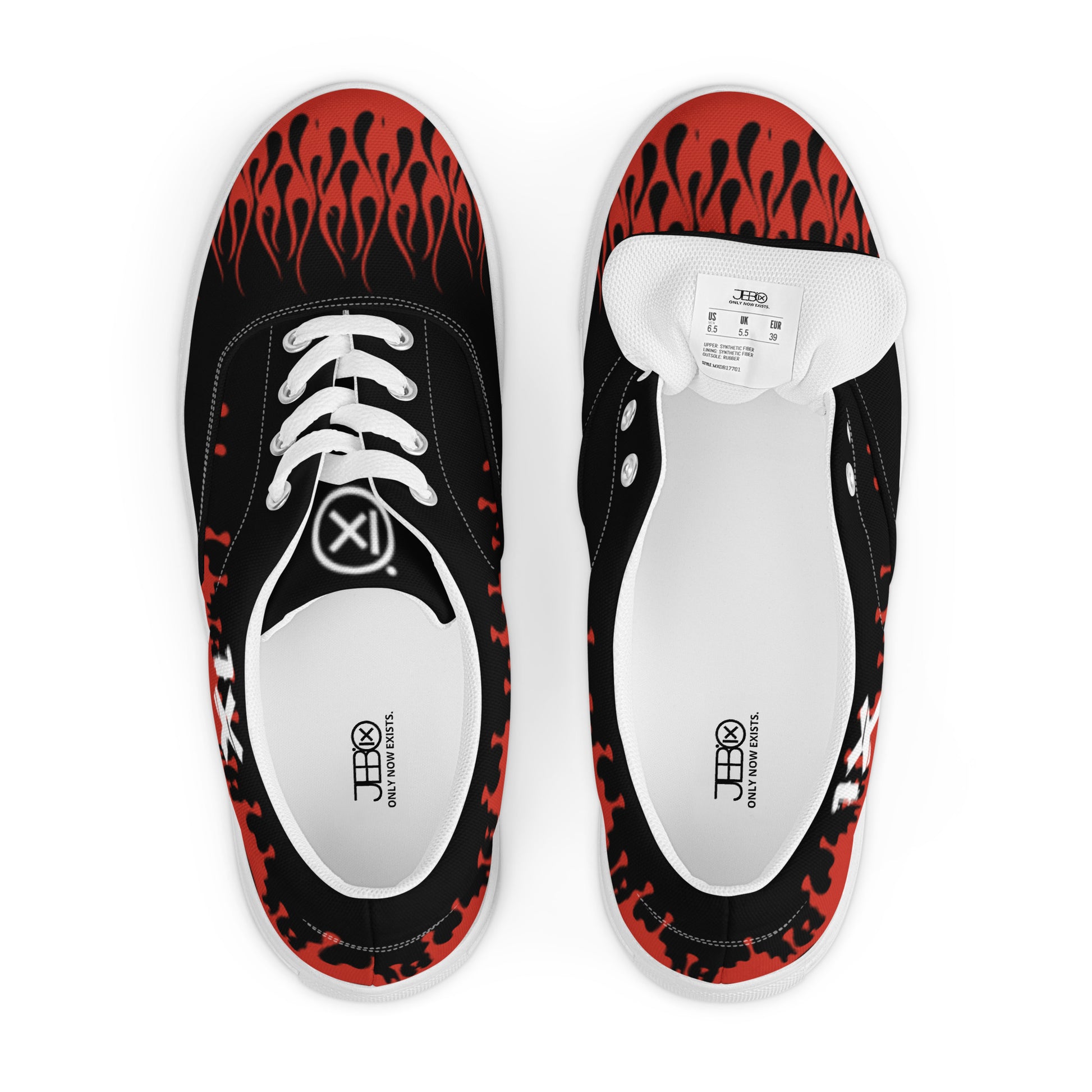 Canvas sneakers top view showing insoles, black uppers with red flame print, white lining