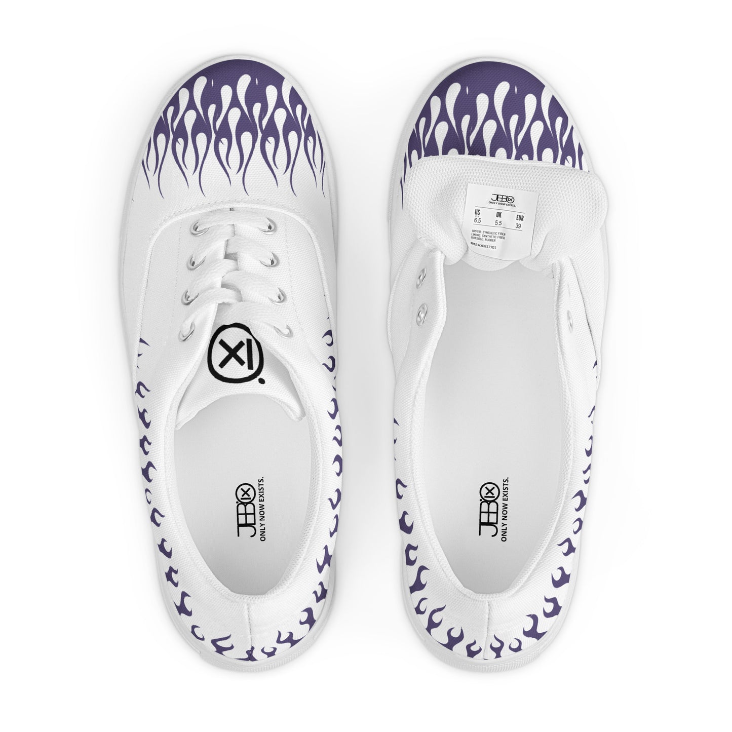 White canvas sneakers with purple flame design, insole and size label visible.