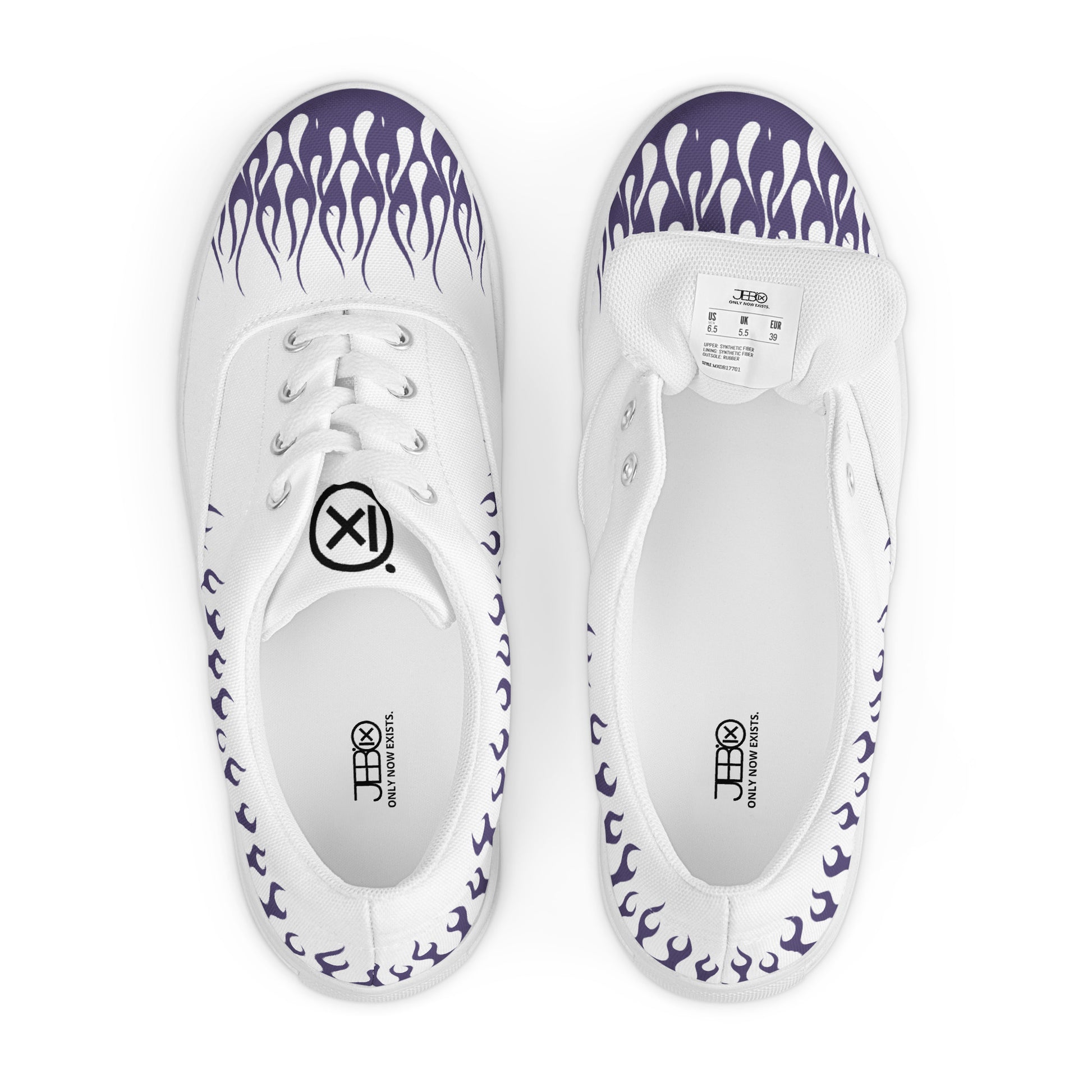 White canvas sneakers with purple flame design, insole and size label visible.