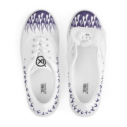 White canvas sneakers with purple flame design, insole and size label visible.