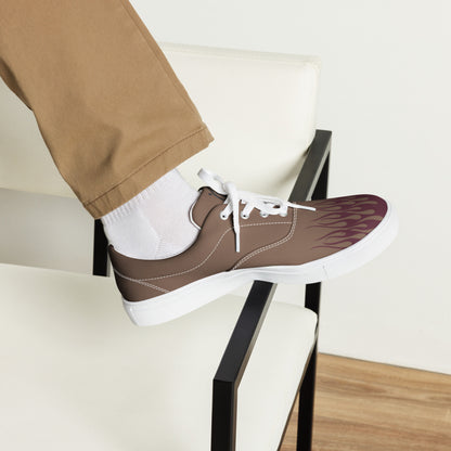 Brown canvas sneaker with burgundy flame graphic, white laces, white vulcanized sole