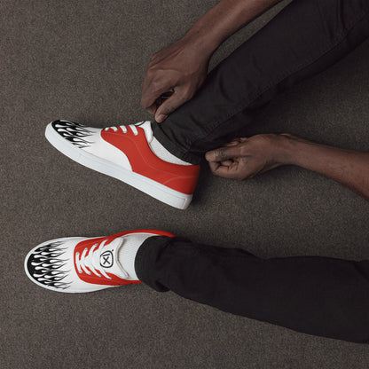 Canvas sneaker red and white with black flame print and black rubber sole, side view
