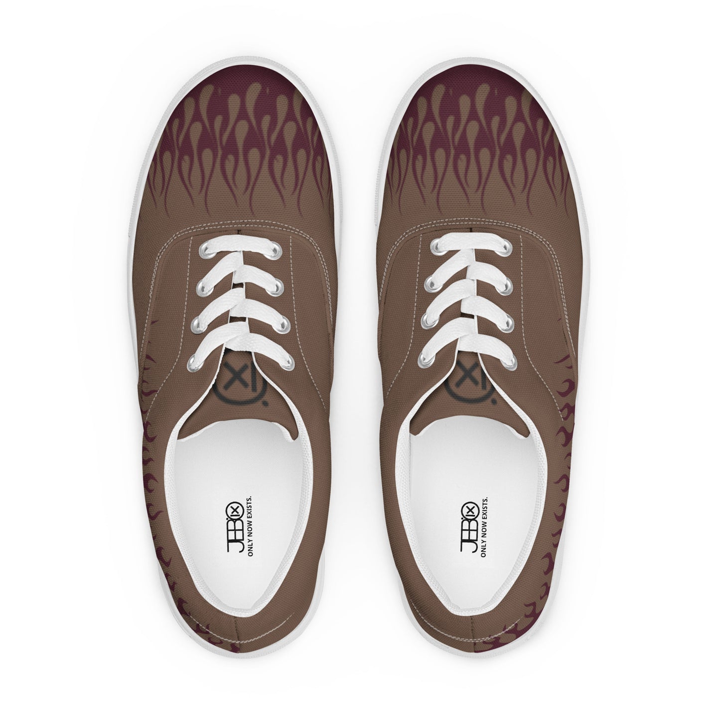 Canvas sneakers front view with brown upper, burgundy flame print, white laces, white rubber trim