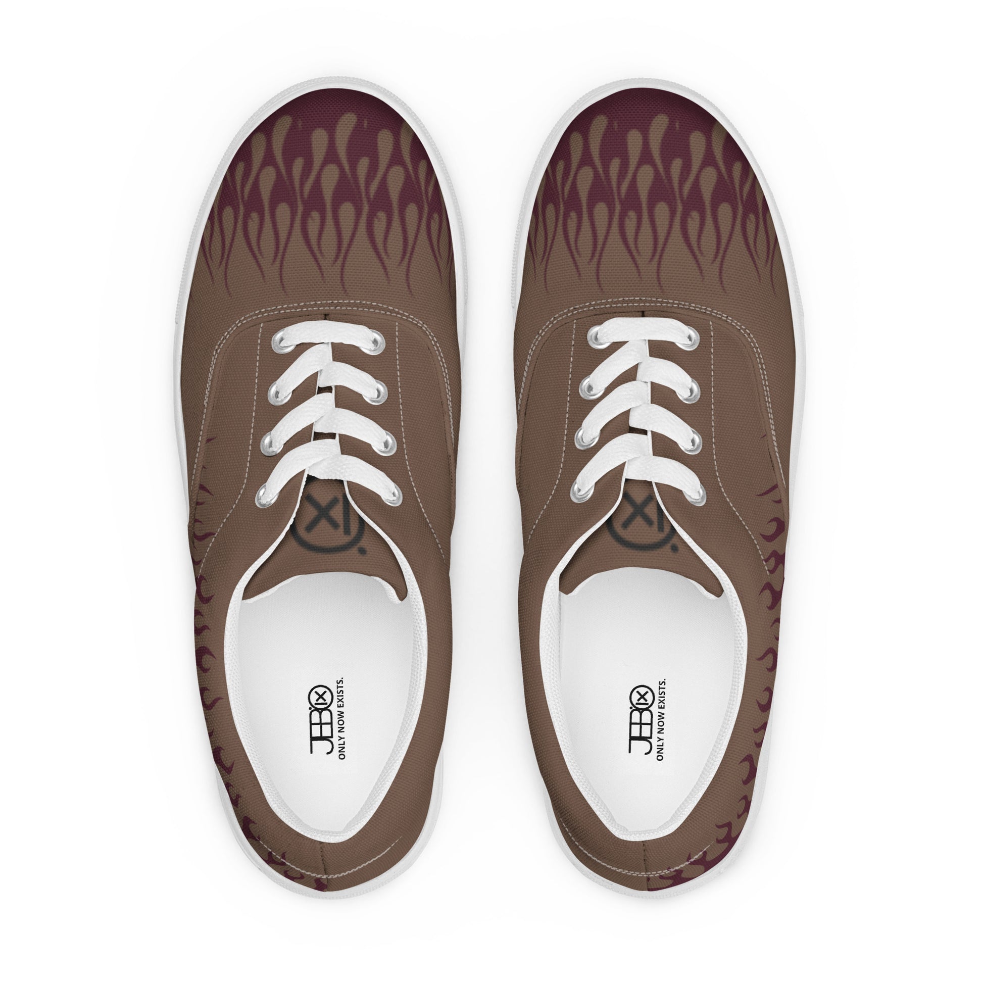 Canvas sneakers front view with brown upper, burgundy flame print, white laces, white rubber trim