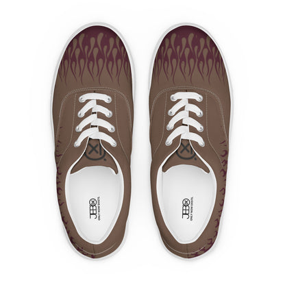 Canvas sneakers front view with brown upper, burgundy flame print, white laces, white rubber trim