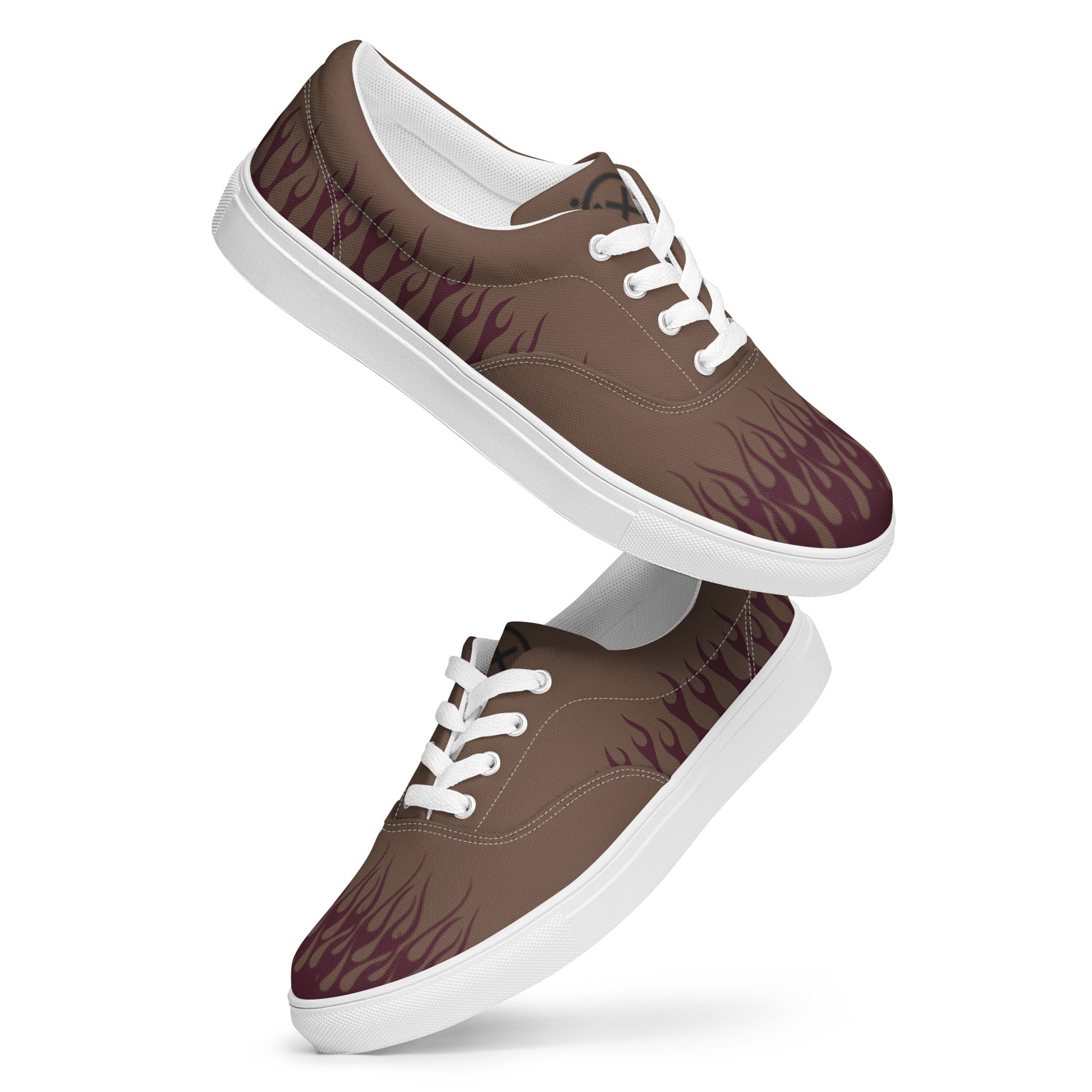 Canvas sneaker with brown upper and burgundy flame print, white laces, white rubber sole