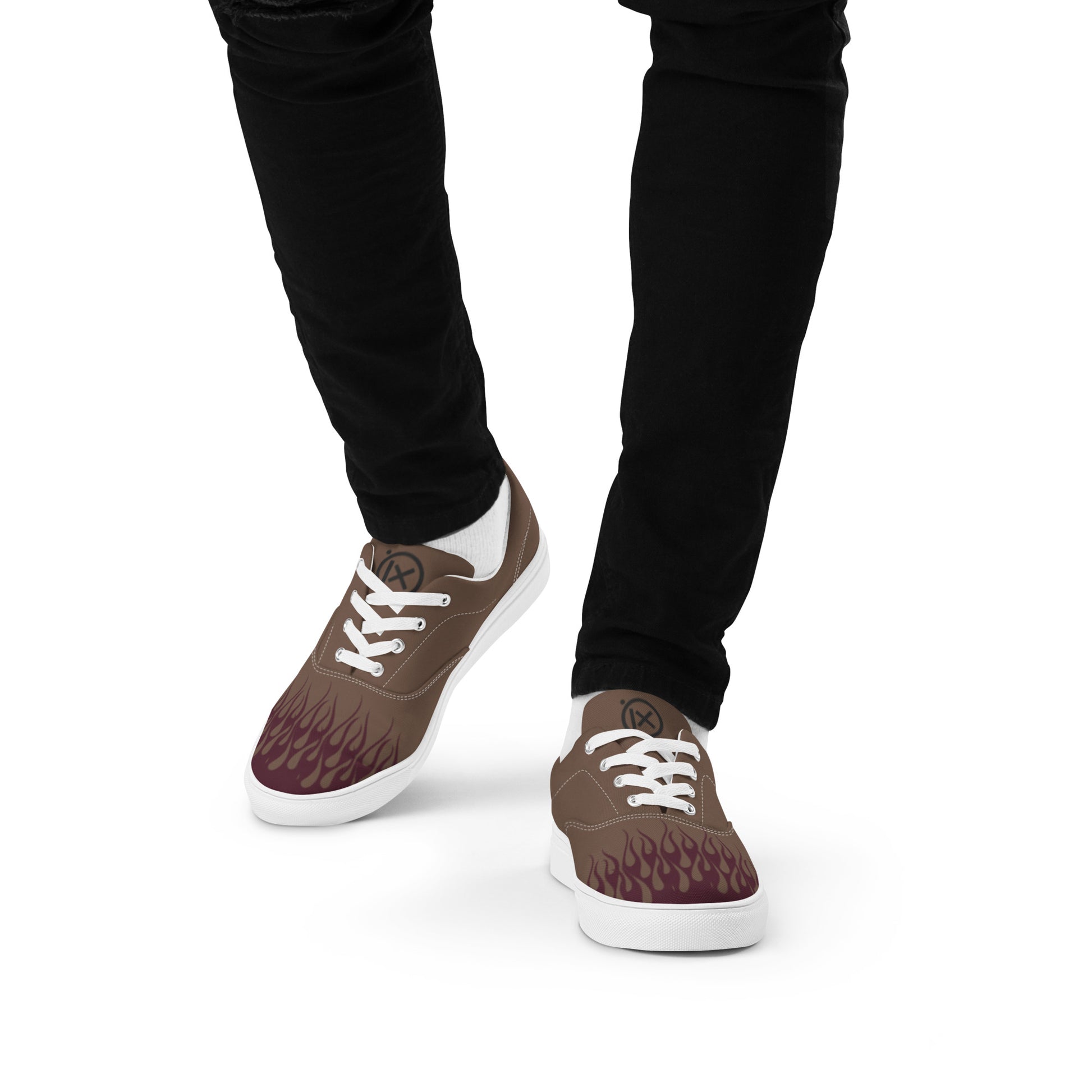 Low-top canvas sneaker, dark brown with burgundy flame print, white laces and white sole