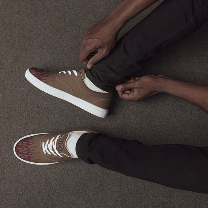 Brown canvas sneakers with burgundy flame graphic, white laces, white sidewall sole