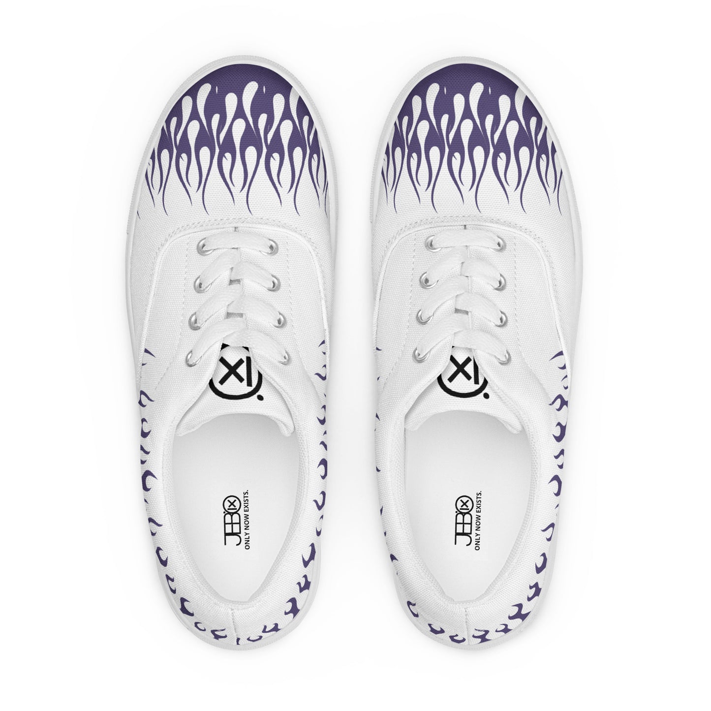 Pair of white canvas sneakers with violet flame pattern and white laces on black lining