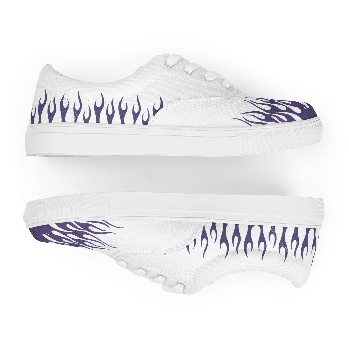 White canvas sneaker with violet flame print on sides and sole, white rubber outsole