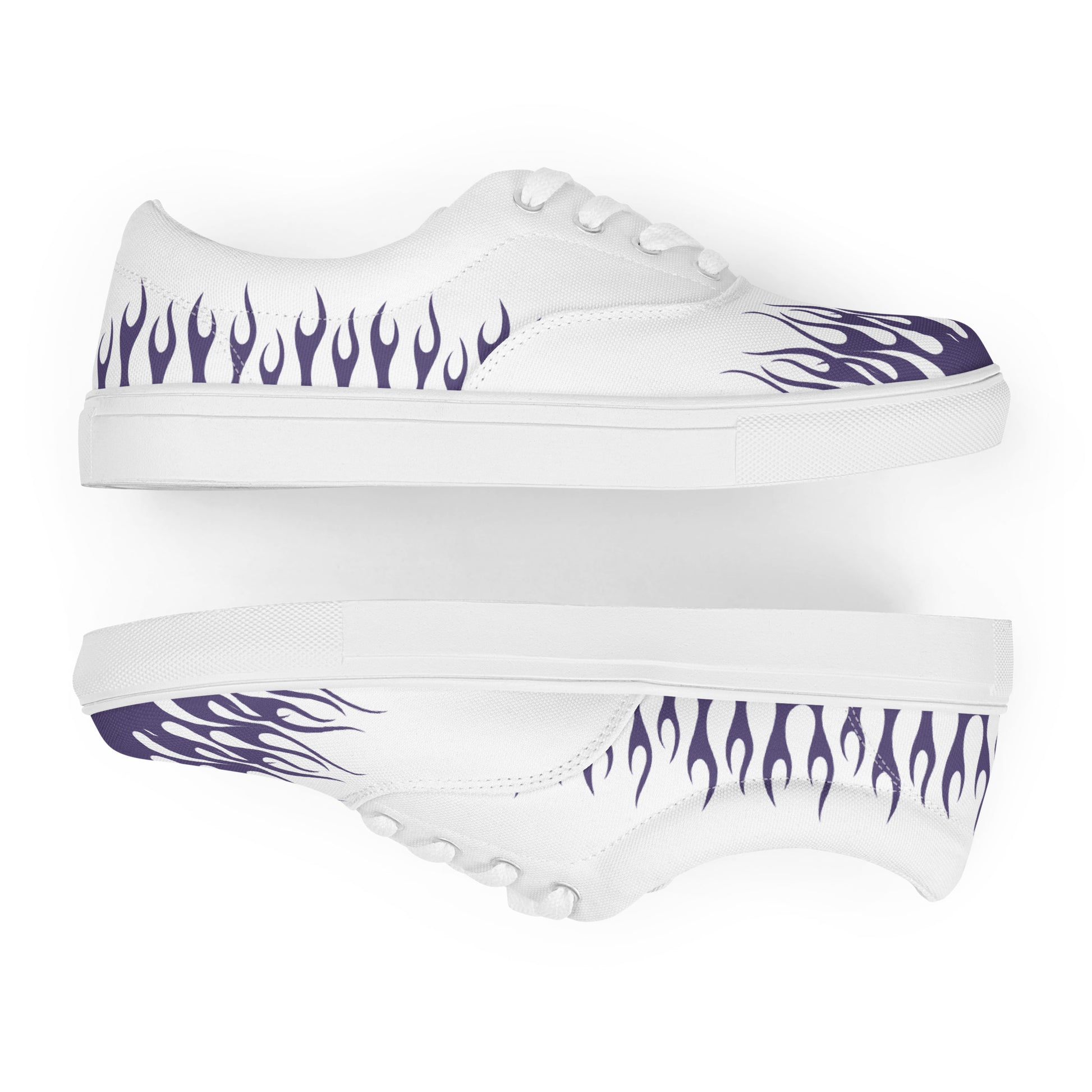 White canvas sneaker with violet flame print on sides and sole, white rubber outsole